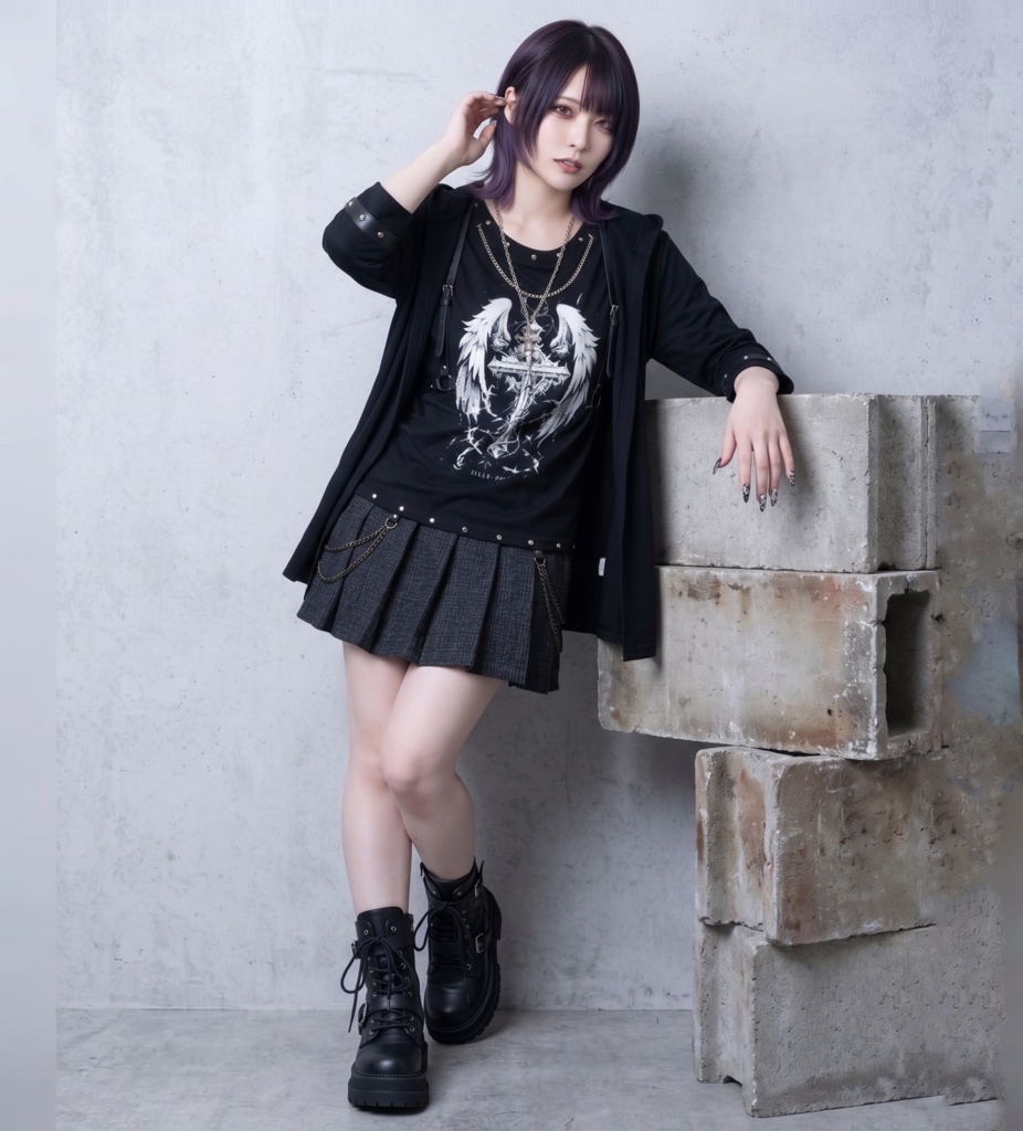 Jillpunkパンク 兄系 バンギャ クロスレクイエム 天使の翼プリント フェイクレイヤード 重ね着風 ネックレッス付き ゆったり八分袖パーカー オリジナル メンズ レディー V系 おしゃれ 男女兼用 ダーク系 ゴシックロック