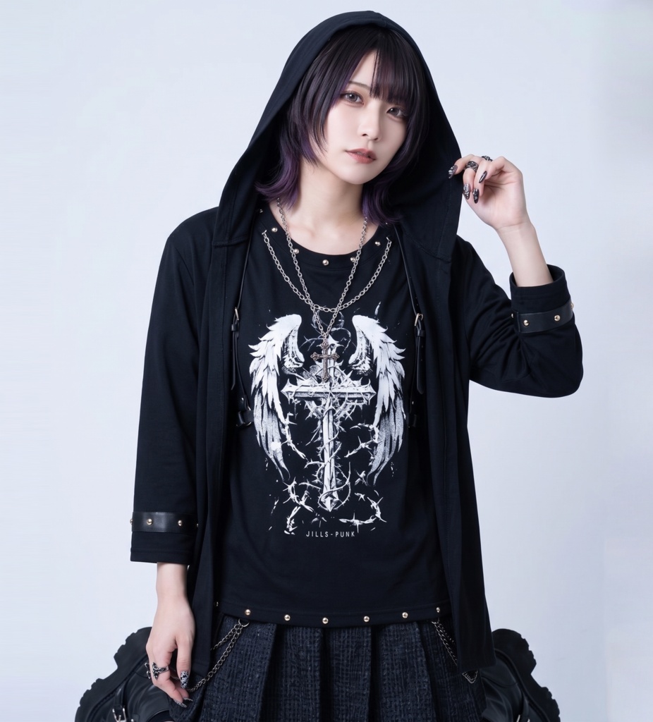 Jillpunkパンク 兄系 バンギャ クロスレクイエム 天使の翼プリント フェイクレイヤード 重ね着風 ネックレッス付き ゆったり八分袖パーカー オリジナル メンズ レディー V系 おしゃれ 男女兼用 ダーク系 ゴシックロック