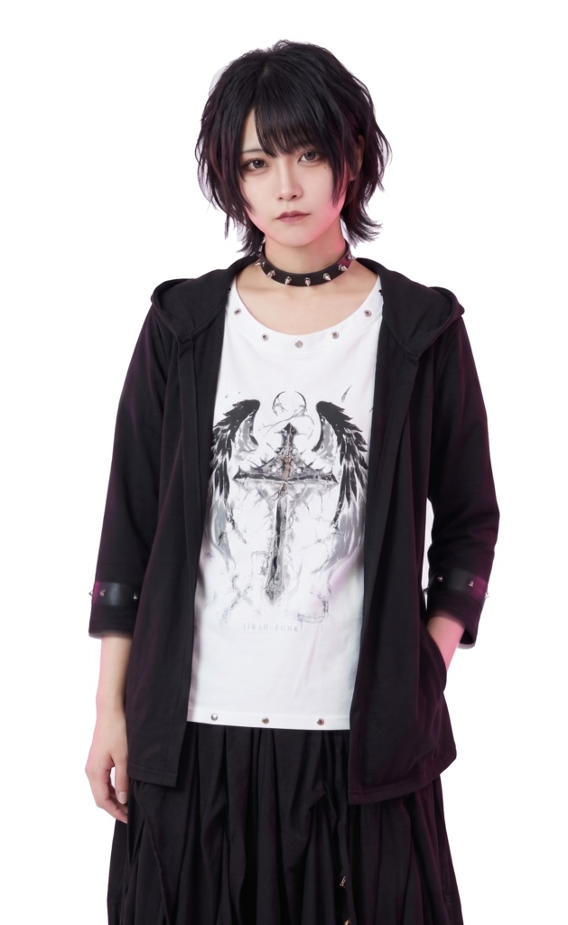 Jillpunkパンク 兄系 バンギャ クロスレクイエム 天使の翼プリント フェイクレイヤード 重ね着風 ネックレッス付き ゆったり八分袖パーカー オリジナル メンズ レディー V系 おしゃれ 男女兼用 ダーク系 ゴシックロック