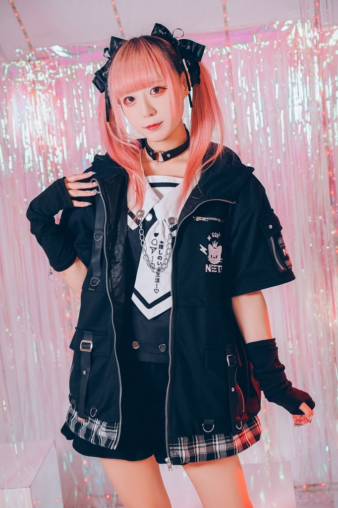 Jillpunk可愛い お宅 アニメ ガチャネコ NEET 自宅警備員 顔文字刺繡 タータンチェック柄 キルティング 猫耳フード付きジャケット 取り外し可能な袖 2WAYパーカー オリジナル メンズ レディーズ 秋葉系