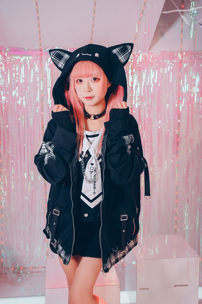 Jillpunk可愛い お宅 アニメ ガチャネコ NEET 自宅警備員 顔文字刺繡 タータンチェック柄 キルティング 猫耳フード付きジャケット 取り外し可能な袖 2WAYパーカー オリジナル メンズ レディーズ 秋葉系