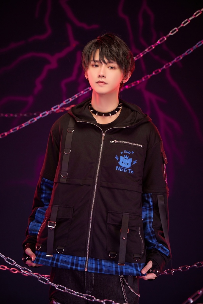 Jillpunk可愛い お宅 アニメ ガチャネコ NEET 自宅警備員 顔文字刺繡 タータンチェック柄 キルティング 猫耳フード付きジャケット 取り外し可能な袖 2WAYパーカー オリジナル メンズ レディーズ 秋葉系