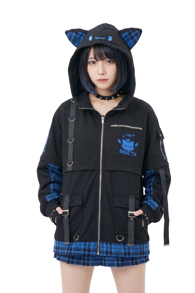 Jillpunk可愛い お宅 アニメ ガチャネコ NEET 自宅警備員 顔文字刺繡 タータンチェック柄 キルティング 猫耳フード付きジャケット 取り外し可能な袖 2WAYパーカー オリジナル メンズ レディーズ 秋葉系