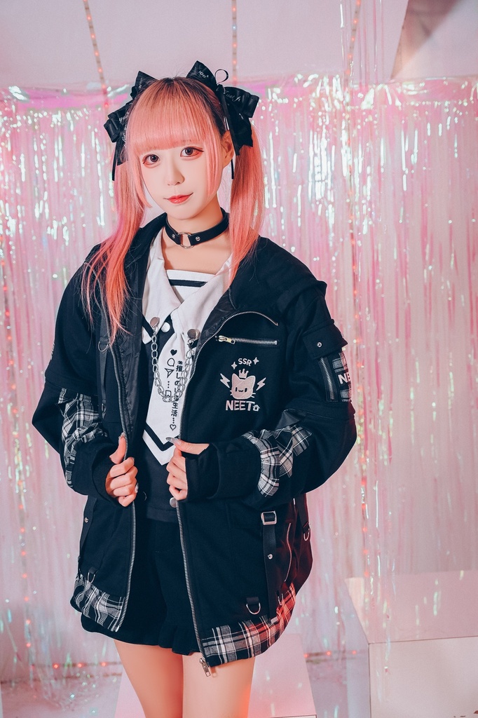 Jillpunk可愛い お宅 アニメ ガチャネコ NEET 自宅警備員 顔文字刺繡 タータンチェック柄 キルティング 猫耳フード付きジャケット 取り外し可能な袖 2WAYパーカー オリジナル メンズ レディーズ 秋葉系
