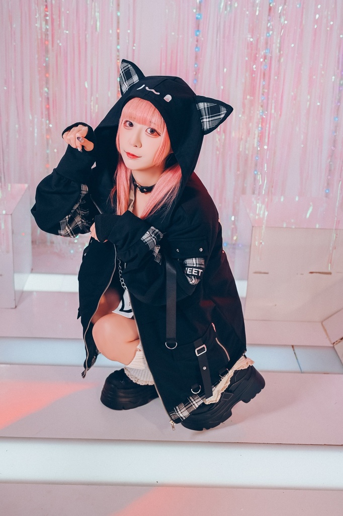 Jillpunk可愛い お宅 アニメ ガチャネコ NEET 自宅警備員 顔文字刺繡 タータンチェック柄 キルティング 猫耳フード付きジャケット 取り外し可能な袖 2WAYパーカー オリジナル メンズ レディーズ 秋葉系