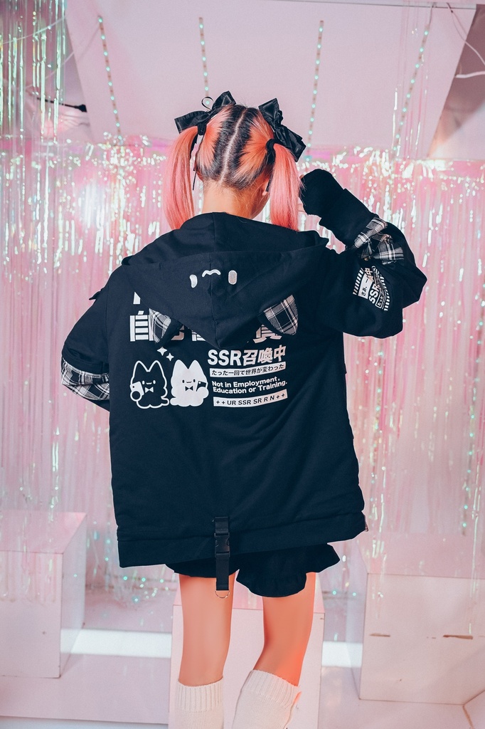 Jillpunk可愛い お宅 アニメ ガチャネコ NEET 自宅警備員 顔文字刺繡 タータンチェック柄 キルティング 猫耳フード付きジャケット 取り外し可能な袖 2WAYパーカー オリジナル メンズ レディーズ 秋葉系