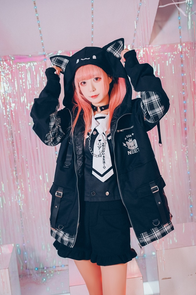 Jillpunk可愛い お宅 アニメ ガチャネコ NEET 自宅警備員 顔文字刺繡 タータンチェック柄 キルティング 猫耳フード付きジャケット 取り外し可能な袖 2WAYパーカー オリジナル メンズ レディーズ 秋葉系