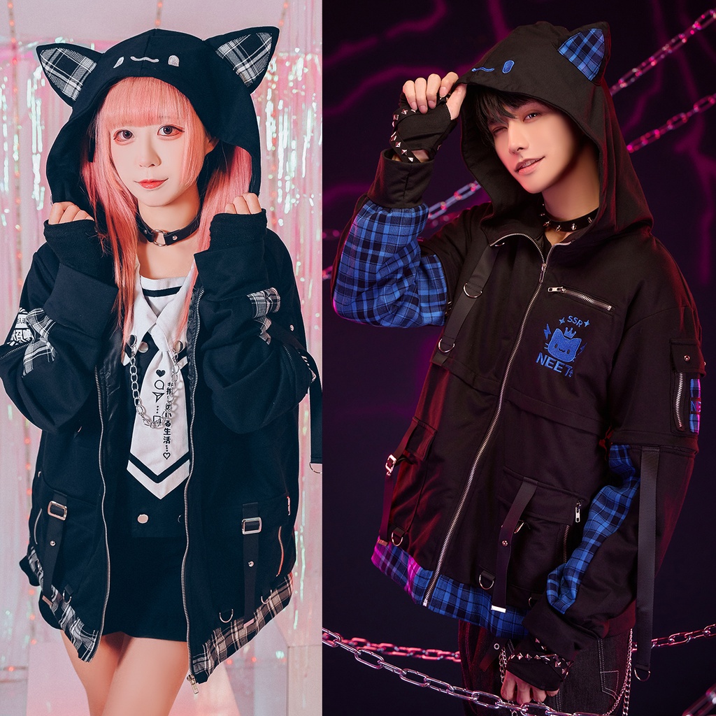 Jillpunk可愛い お宅 アニメ ガチャネコ NEET 自宅警備員 顔文字刺繡 タータンチェック柄 キルティング 猫耳フード付きジャケット 取り外し可能な袖 2WAYパーカー オリジナル メンズ レディーズ 秋葉系