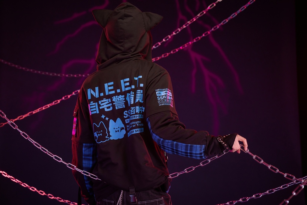 Jillpunk可愛い お宅 アニメ ガチャネコ NEET 自宅警備員 顔文字刺繡 タータンチェック柄 キルティング 猫耳フード付きジャケット 取り外し可能な袖 2WAYパーカー オリジナル メンズ レディーズ 秋葉系