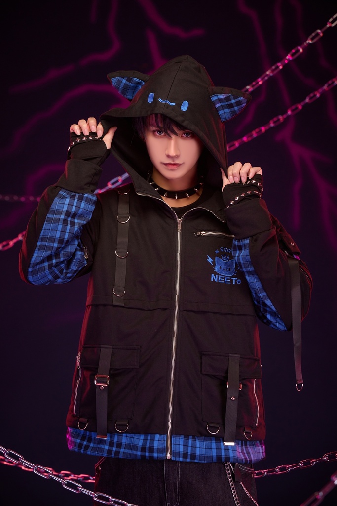 Jillpunk可愛い お宅 アニメ ガチャネコ NEET 自宅警備員 顔文字刺繡 タータンチェック柄 キルティング 猫耳フード付きジャケット 取り外し可能な袖 2WAYパーカー オリジナル メンズ レディーズ 秋葉系