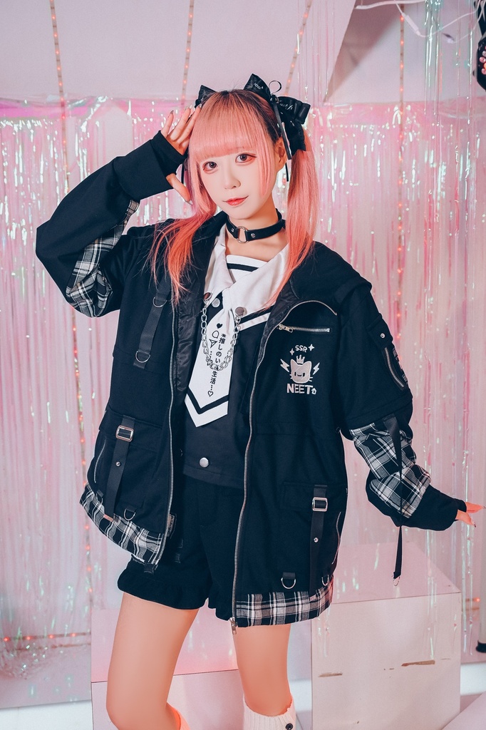 Jillpunk可愛い お宅 アニメ ガチャネコ NEET 自宅警備員 顔文字刺繡 タータンチェック柄 キルティング 猫耳フード付きジャケット 取り外し可能な袖 2WAYパーカー オリジナル メンズ レディーズ 秋葉系