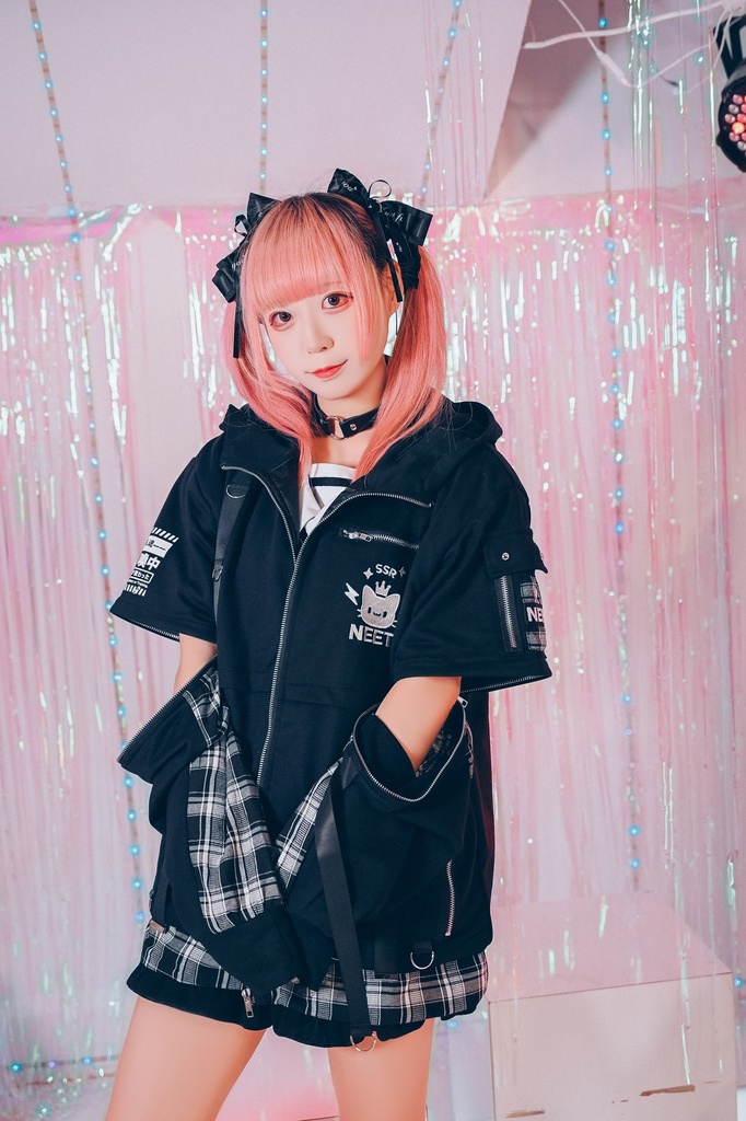 Jillpunk可愛い お宅 アニメ ガチャネコ NEET 自宅警備員 顔文字刺繡 タータンチェック柄 キルティング 猫耳フード付きジャケット 取り外し可能な袖 2WAYパーカー オリジナル メンズ レディーズ 秋葉系