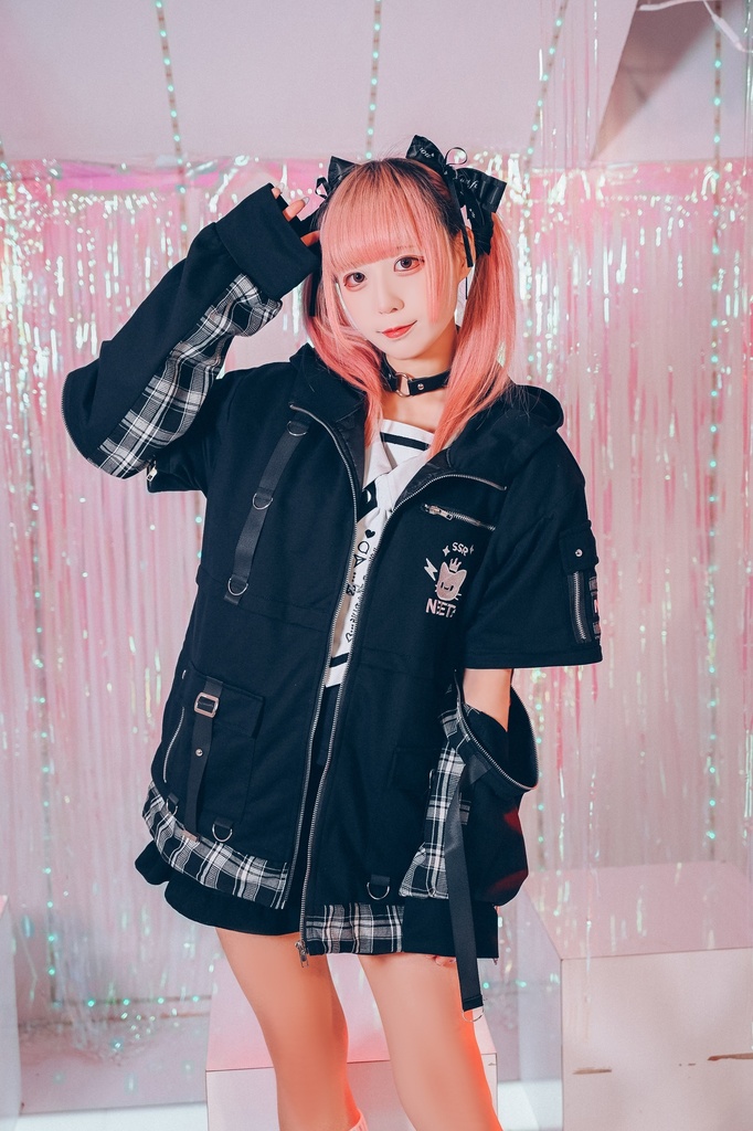 Jillpunk可愛い お宅 アニメ ガチャネコ NEET 自宅警備員 顔文字刺繡 タータンチェック柄 キルティング 猫耳フード付きジャケット 取り外し可能な袖 2WAYパーカー オリジナル メンズ レディーズ 秋葉系