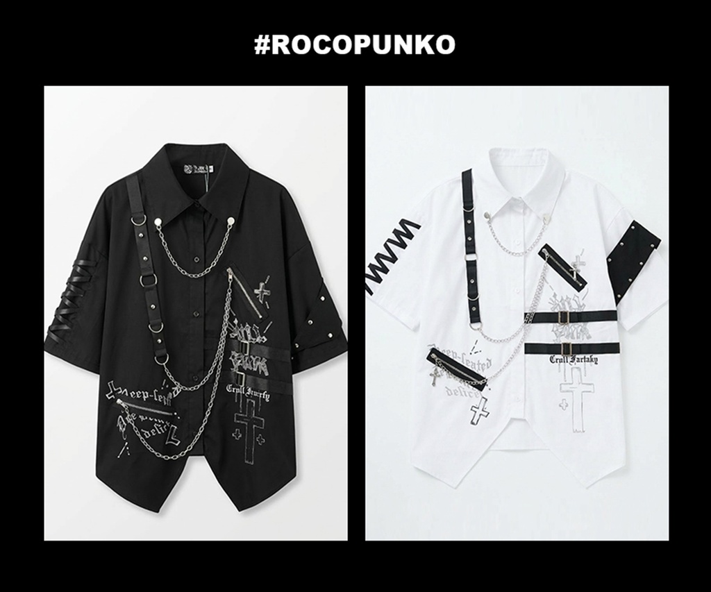 Jillpunk 王道パンク NANA系 V系 ロック ヘヴィメタル バンギャ 闇黒グリモワール 鎖チェーン アームバンド付き 半袖 燕尾ドレスシャツ メンズ レディーズ おしゃれ男女兼用カッコいい ファッション