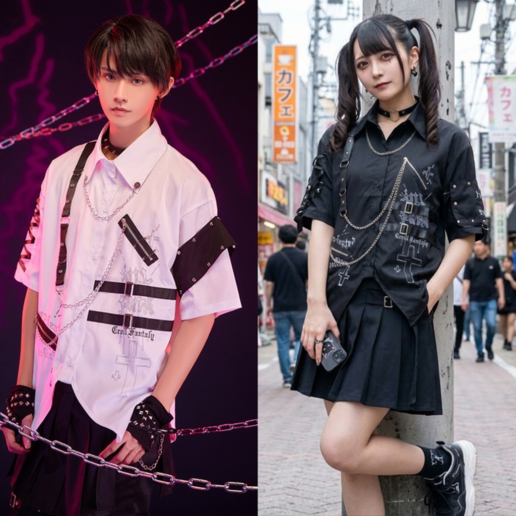 Jillpunk 王道パンク NANA系 V系 ロック ヘヴィメタル バンギャ 闇黒グリモワール 鎖チェーン アームバンド付き 半袖 燕尾ドレスシャツ メンズ レディーズ おしゃれ男女兼用カッコいい ファッション