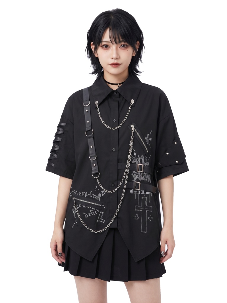 Jillpunk 王道パンク NANA系 V系 ロック ヘヴィメタル バンギャ 闇黒グリモワール 鎖チェーン アームバンド付き 半袖 燕尾ドレスシャツ メンズ レディーズ おしゃれ男女兼用カッコいい ファッション