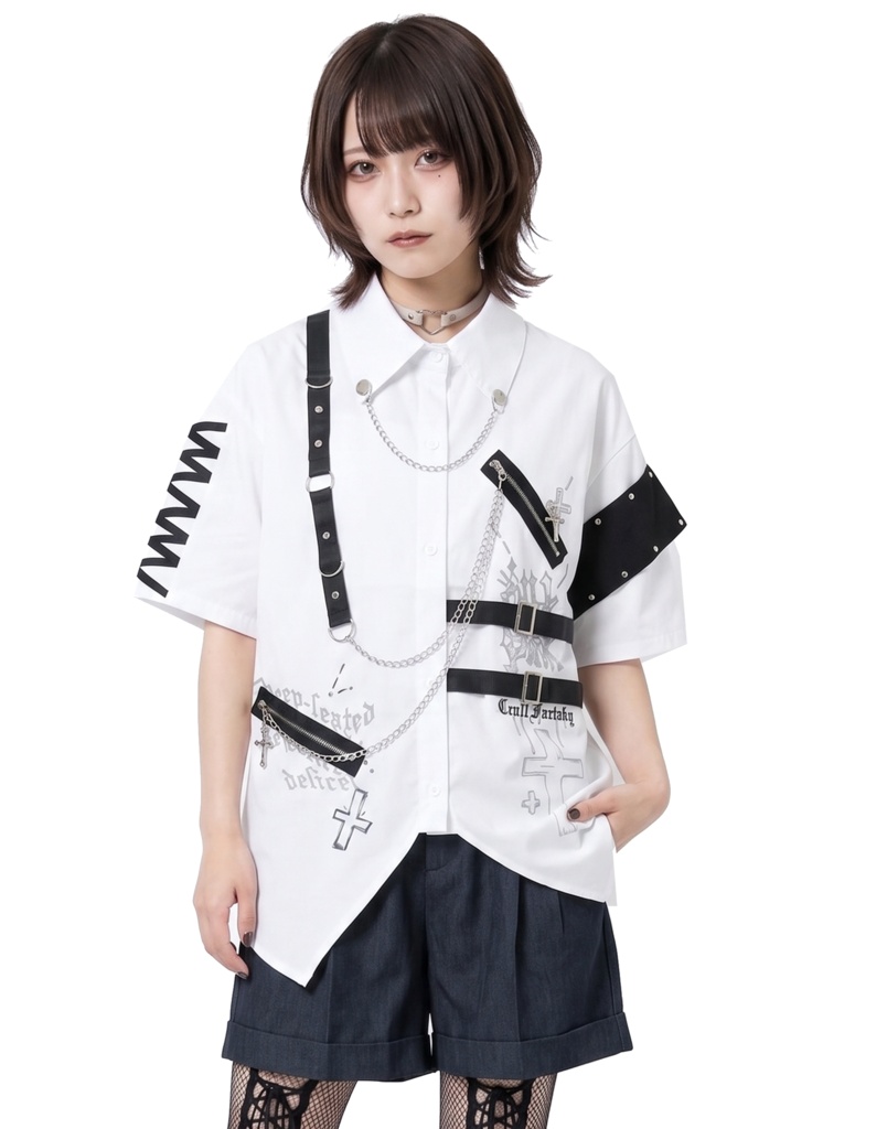 Jillpunk 王道パンク NANA系 V系 ロック ヘヴィメタル バンギャ 闇黒グリモワール 鎖チェーン アームバンド付き 半袖 燕尾ドレスシャツ メンズ レディーズ おしゃれ男女兼用カッコいい ファッション