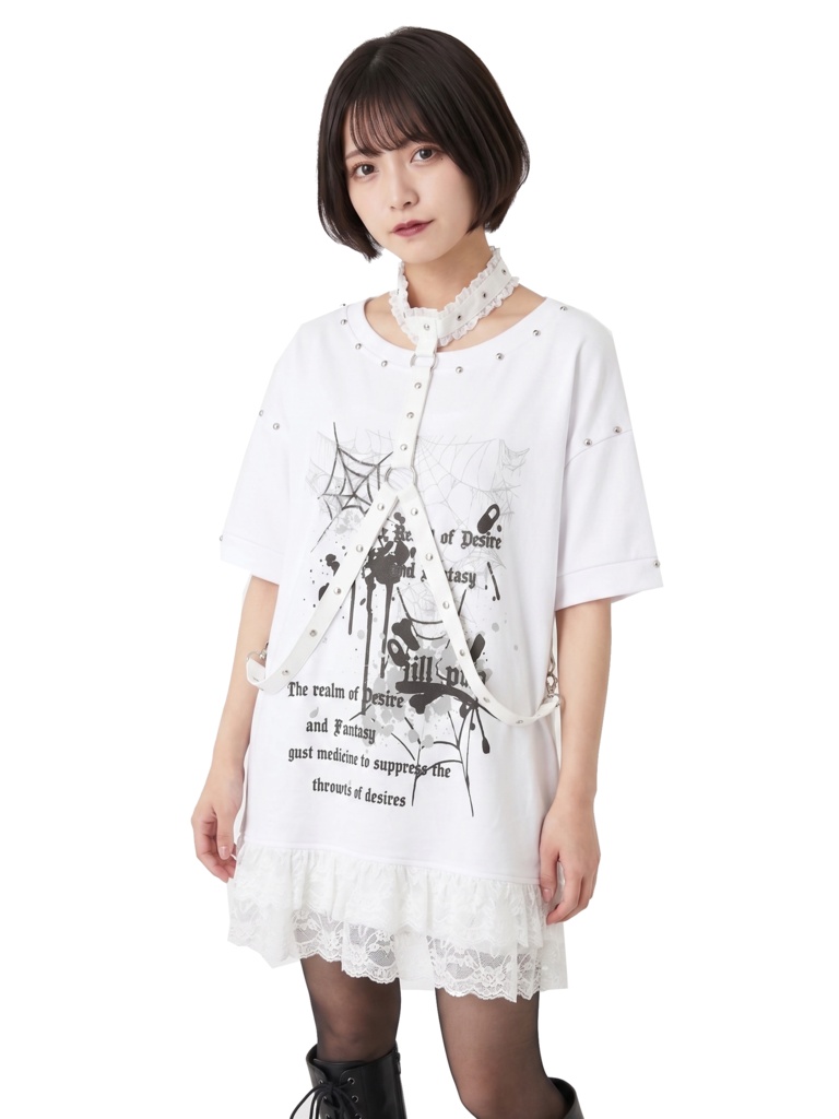 Jillpunk ゴシック クール系 蜘蛛の巣 ダーク風 フォールンラヴ ハーネスチョーカー付き フリルレースヘム 半袖ワンピース ロングTシャツ フェミニン おしゃれ ファッション オリジナル サブカル