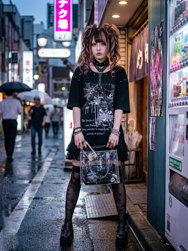 Jillpunk ゴシック クール系 蜘蛛の巣 ダーク風 フォールンラヴ ハーネスチョーカー付き フリルレースヘム 半袖ワンピース ロングTシャツ フェミニン おしゃれ ファッション オリジナル サブカル
