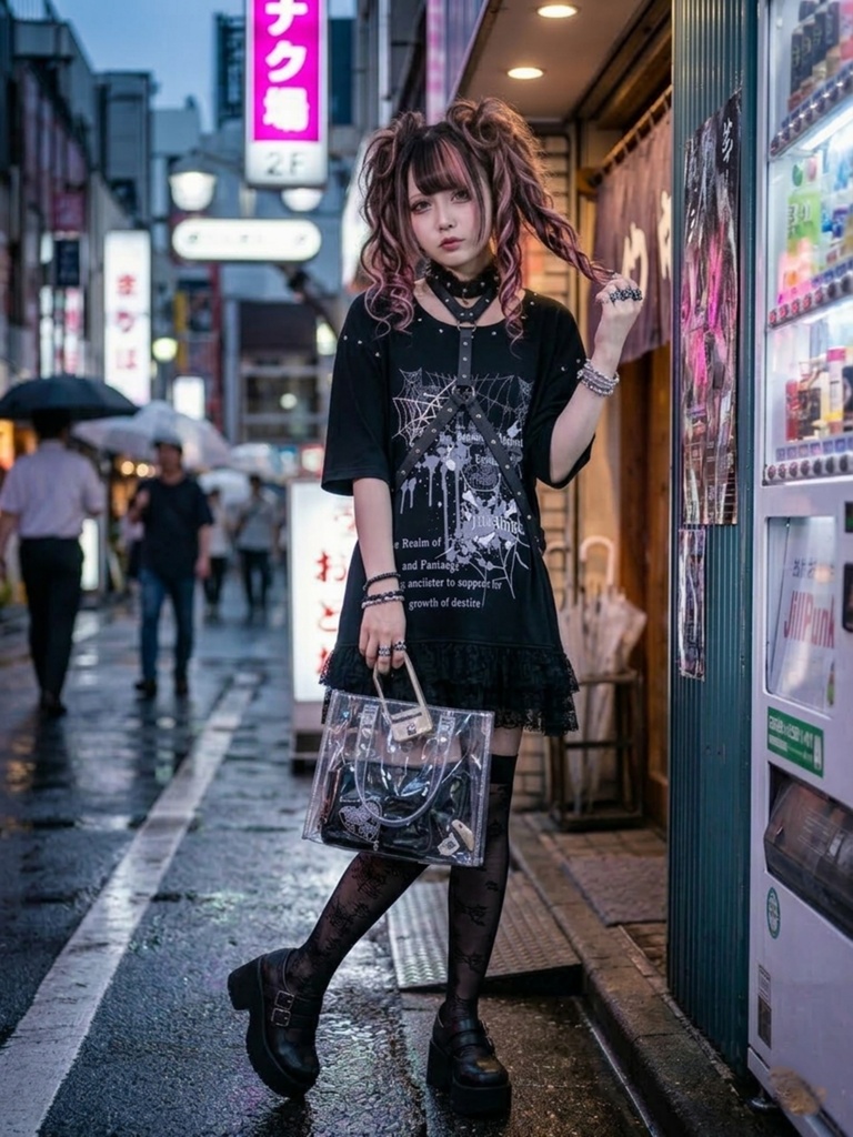Jillpunk ゴシック クール系 蜘蛛の巣 ダーク風 フォールンラヴ ハーネスチョーカー付き フリルレースヘム 半袖ワンピース ロングTシャツ フェミニン おしゃれ ファッション オリジナル サブカル