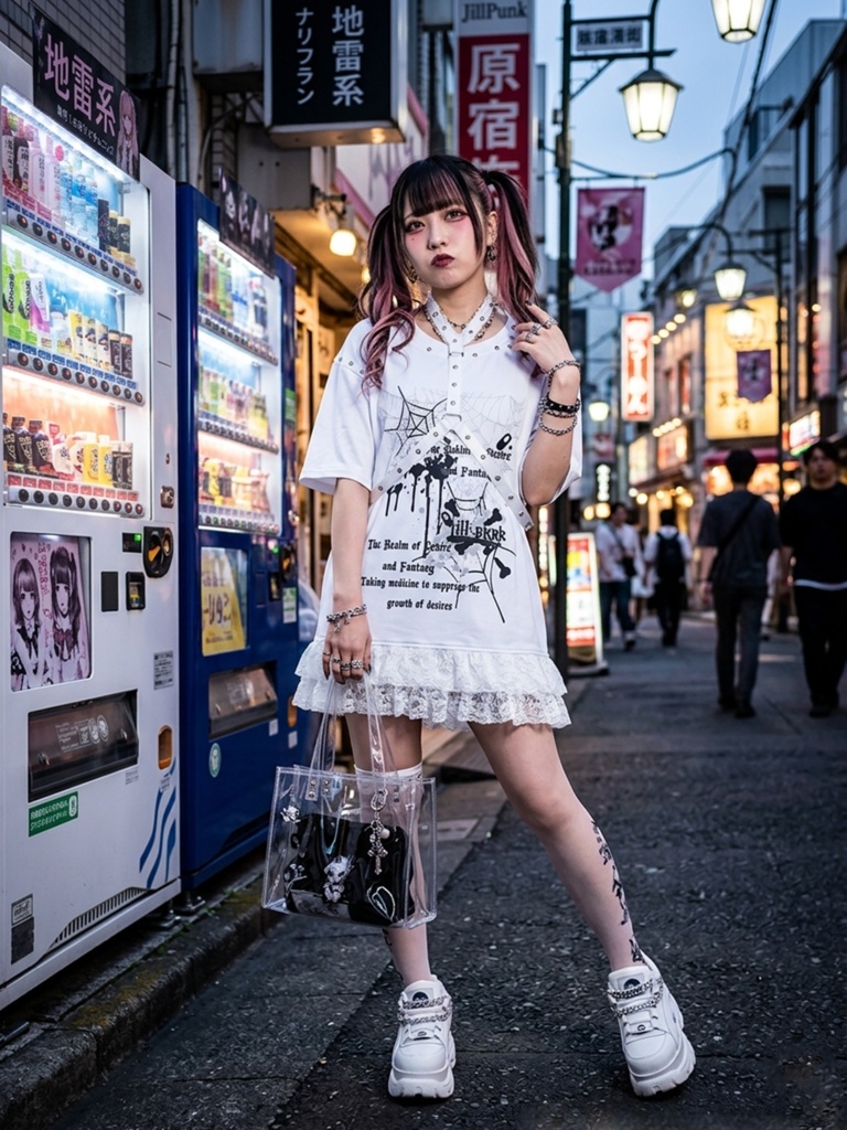 Jillpunk ゴシック クール系 蜘蛛の巣 ダーク風 フォールンラヴ ハーネスチョーカー付き フリルレースヘム 半袖ワンピース ロングTシャツ フェミニン おしゃれ ファッション オリジナル サブカル