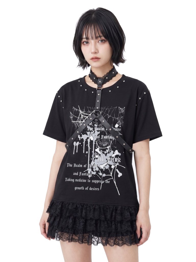 Jillpunk ゴシック クール系 蜘蛛の巣 ダーク風 フォールンラヴ ハーネスチョーカー付き フリルレースヘム 半袖ワンピース ロングTシャツ フェミニン おしゃれ ファッション オリジナル サブカル