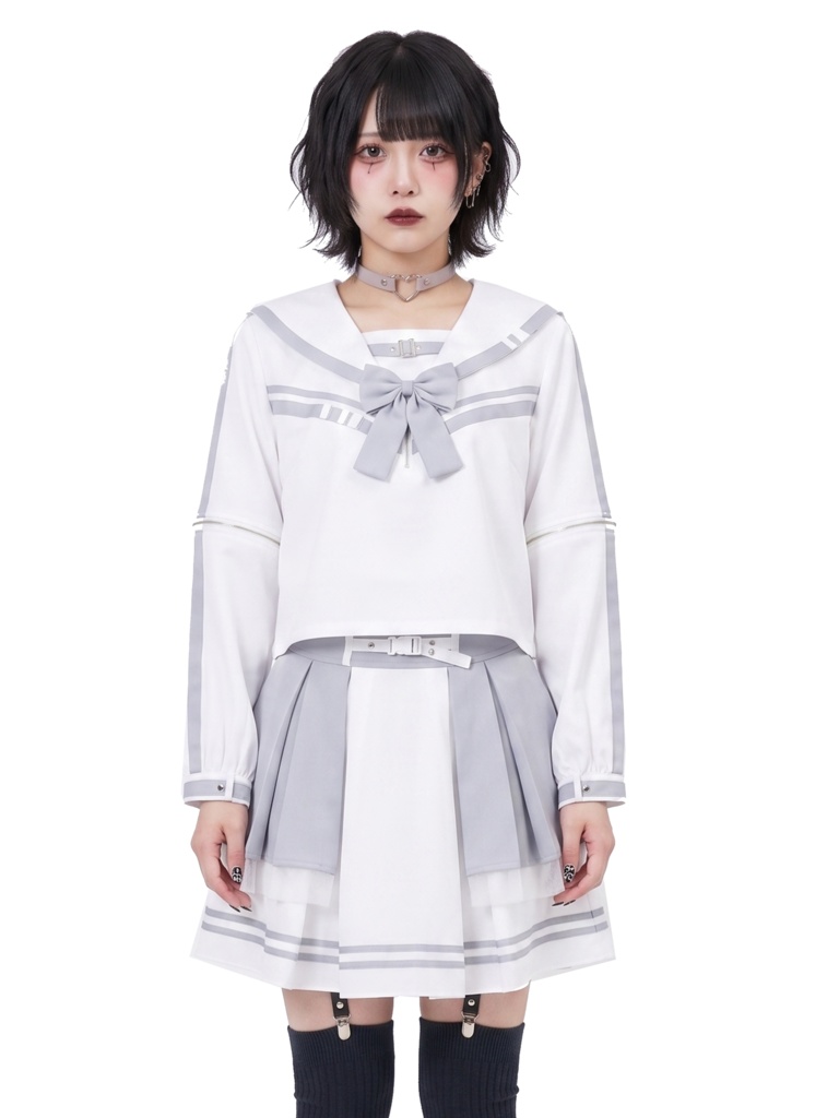 Jillpunk天使界隈 水色系統 jk制服 アクアメモリー 蝶ネクタイ付き 取り外し可能な袖 2WAYセーラー服 ハイウェスト プリーツスカート スポーティーセット2点 オリジナル おしゃれ ファッション 原宿系