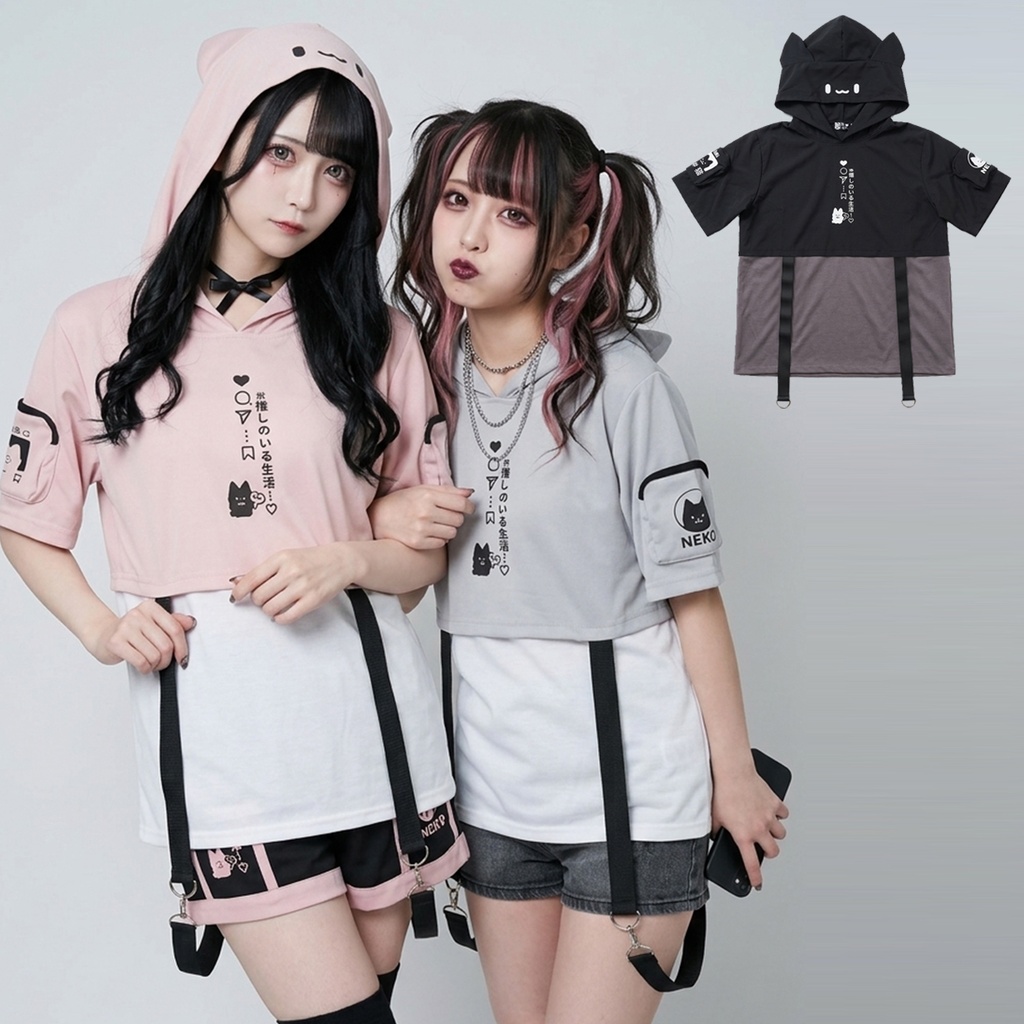 Jillpunk可愛い お宅 アニメ 推し活ネコ NEET 自宅警備員 刺繡 風防生地 猫耳 ユーティリティウェア フェイクレイヤード 重ね着風 半袖パーカー オリジナル メンズ レディーズ 秋葉系 サブカル