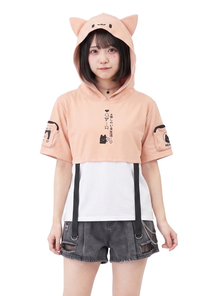 Jillpunk可愛い お宅 アニメ 推し活ネコ NEET 自宅警備員 刺繡 風防生地 猫耳 ユーティリティウェア フェイクレイヤード 重ね着風 半袖パーカー オリジナル メンズ レディーズ 秋葉系 サブカル