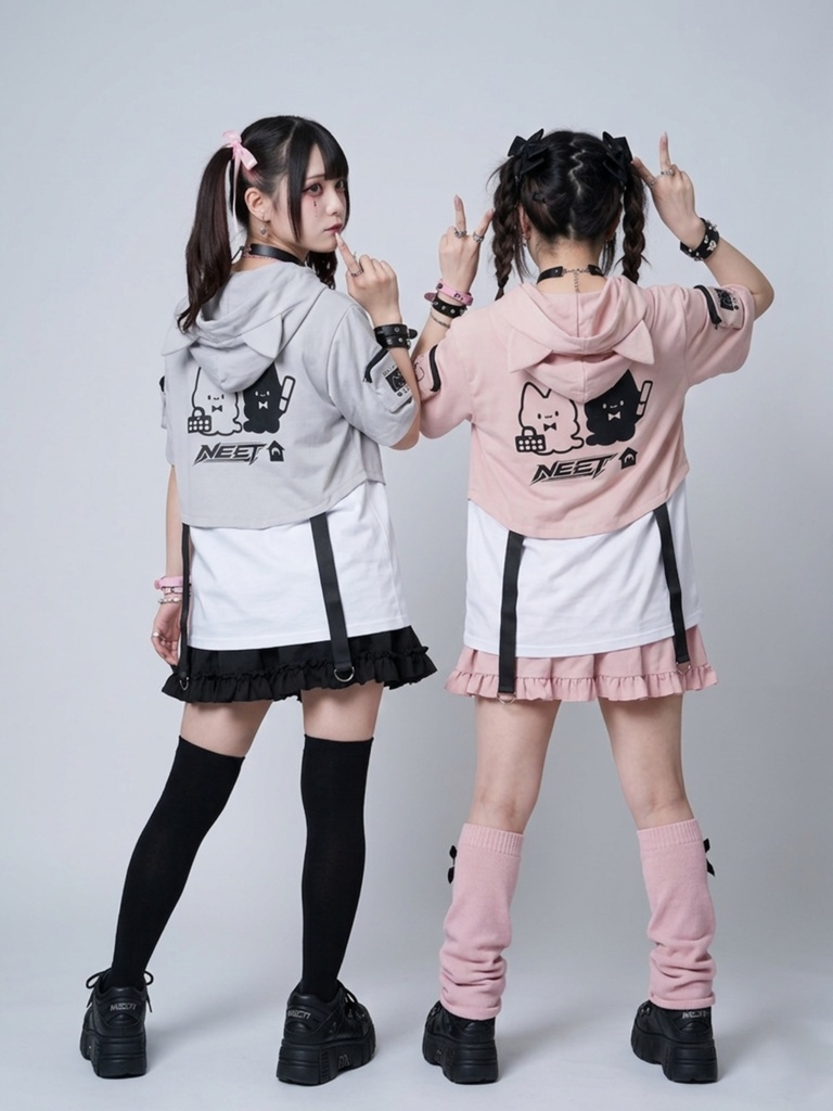 Jillpunk可愛い お宅 アニメ 推し活ネコ NEET 自宅警備員 刺繡 風防生地 猫耳 ユーティリティウェア フェイクレイヤード 重ね着風 半袖パーカー オリジナル メンズ レディーズ 秋葉系 サブカル