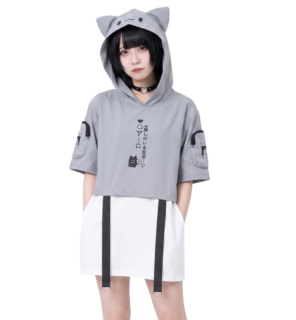 Jillpunk可愛い お宅 アニメ 推し活ネコ NEET 自宅警備員 刺繡 風防生地 猫耳 ユーティリティウェア フェイクレイヤード 重ね着風 半袖パーカー オリジナル メンズ レディーズ 秋葉系 サブカル