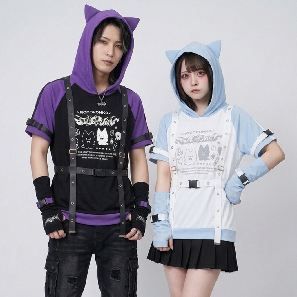 Jillpunk可愛い お宅 アニメ オタ猫日誌 NEET 自宅警備員 アームカバー アイレットハーネス付き 1/4ZIP 猫耳 ユーティリティウェア 半袖パーカー オリジナル メンズ レディーズ 秋葉系 サブカル 