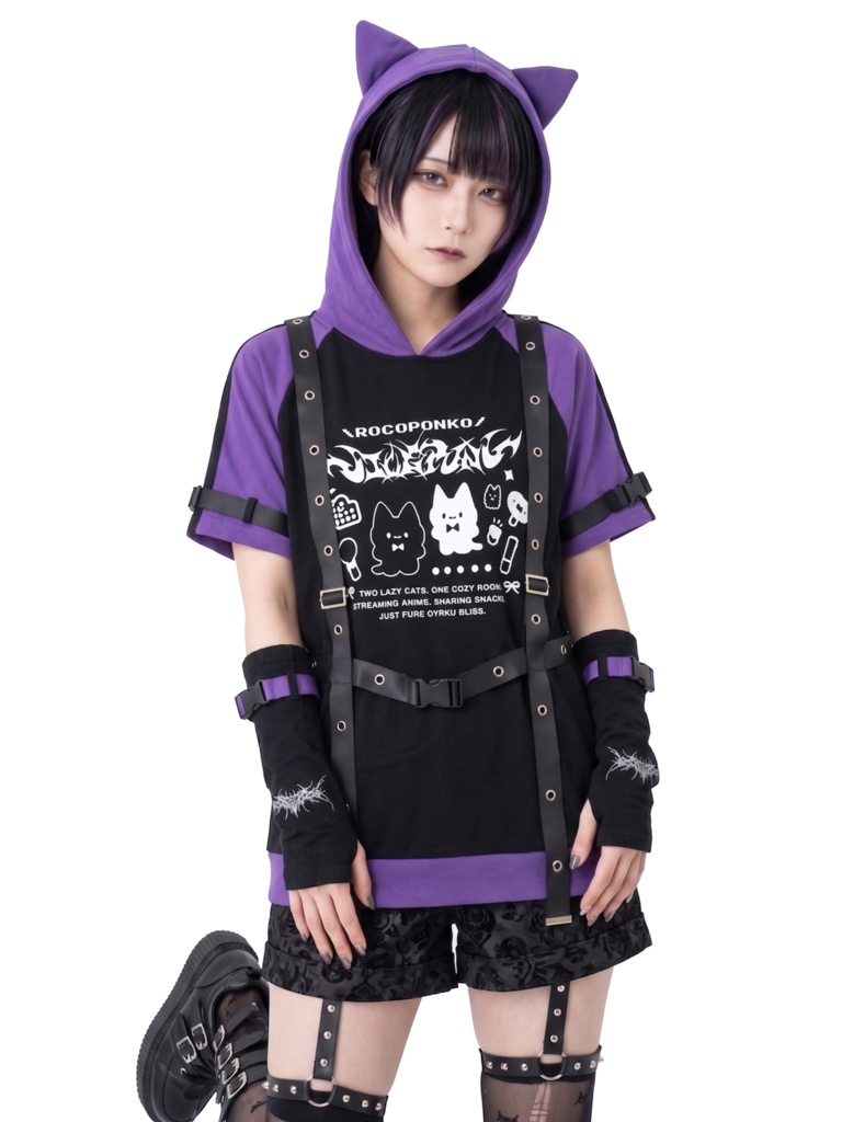 Jillpunk可愛い お宅 アニメ オタ猫日誌 NEET 自宅警備員 アームカバー アイレットハーネス付き 1/4ZIP 猫耳 ユーティリティウェア 半袖パーカー オリジナル メンズ レディーズ 秋葉系 サブカル
