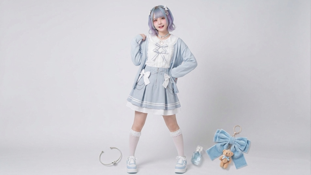 Jillpunk 量産型 地雷系 水色系統 ロリータ 天使のキス ハイウエスト リボン 鎖チェーン付き ジップアップ ショートスカート オリジナル 姫系 可愛いファッション 天使界隈 サブカル