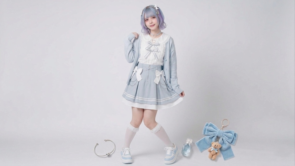 Jillpunk 量産型 地雷系 水色系統 ロリータ 天使のキス ハイウエスト リボン 鎖チェーン付き ジップアップ ショートスカート オリジナル 姫系 可愛いファッション 天使界隈 サブカル