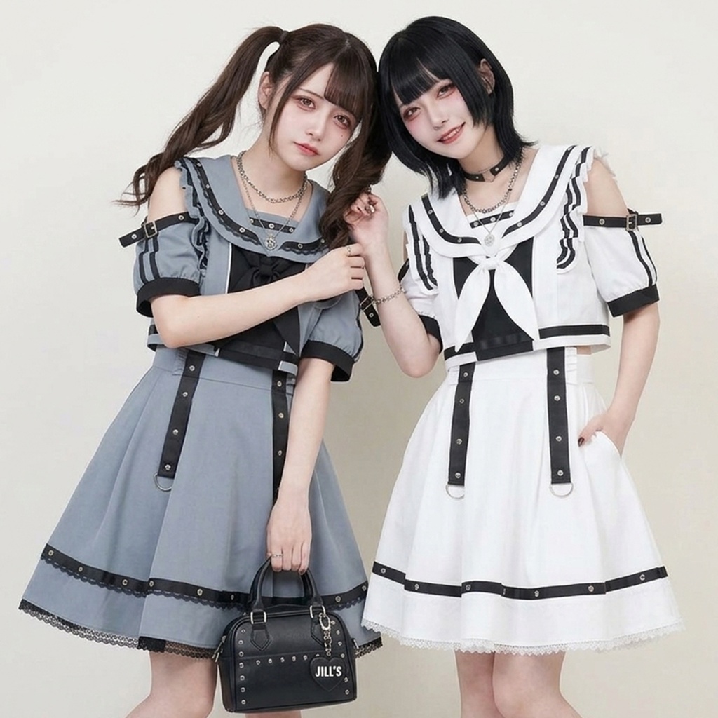 Jillpunk ヤンキーJK サブカル 制服 プレッピー ビタースウィート学園 三角タイの付き 肩出し セーラー服 重ね着風 ダブルブレスト ワンピース半袖ドレス オリジナル おしゃれ ガーリー感