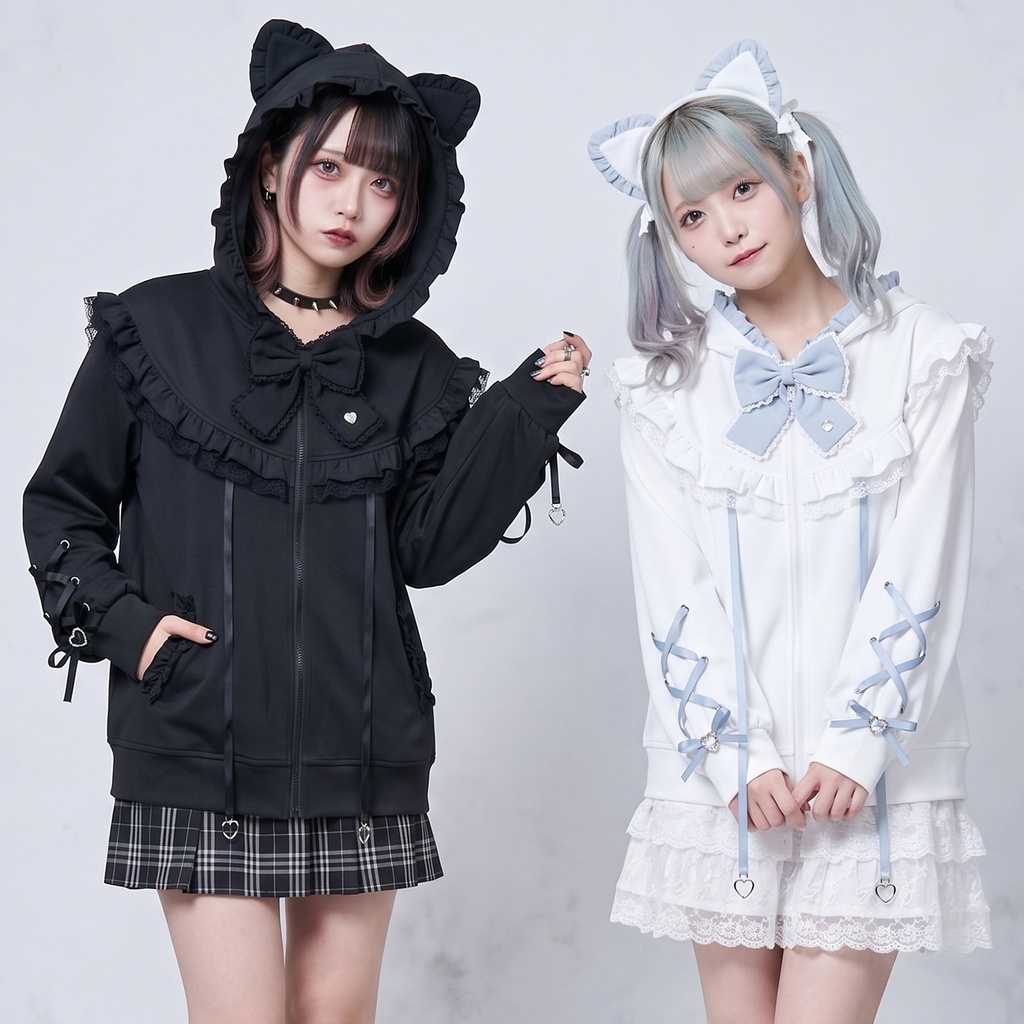 Jillpunk 天使可愛い 地雷系 天使界隈 スウィートにゃん ハートチャーム 蝶ネクタイ付き 猫耳 フリル ゆったり 長袖パーカー フード付きジャケット 美少女 猫派 オリジナル おしゃれ ファッション 水色系
