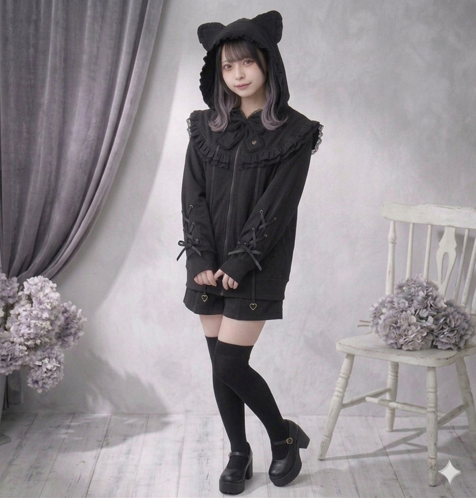 Jillpunk 天使可愛い 地雷系 天使界隈 スウィートにゃん ハートチャーム 蝶ネクタイ付き 猫耳 フリル ゆったり 長袖パーカー フード付きジャケット 美少女 猫派 オリジナル おしゃれ ファッション 水色系
