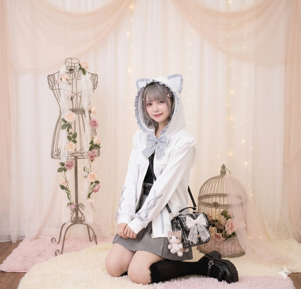 Jillpunk 天使可愛い 地雷系 天使界隈 スウィートにゃん ハートチャーム 蝶ネクタイ付き 猫耳 フリル ゆったり 長袖パーカー フード付きジャケット 美少女 猫派 オリジナル おしゃれ ファッション 水色系