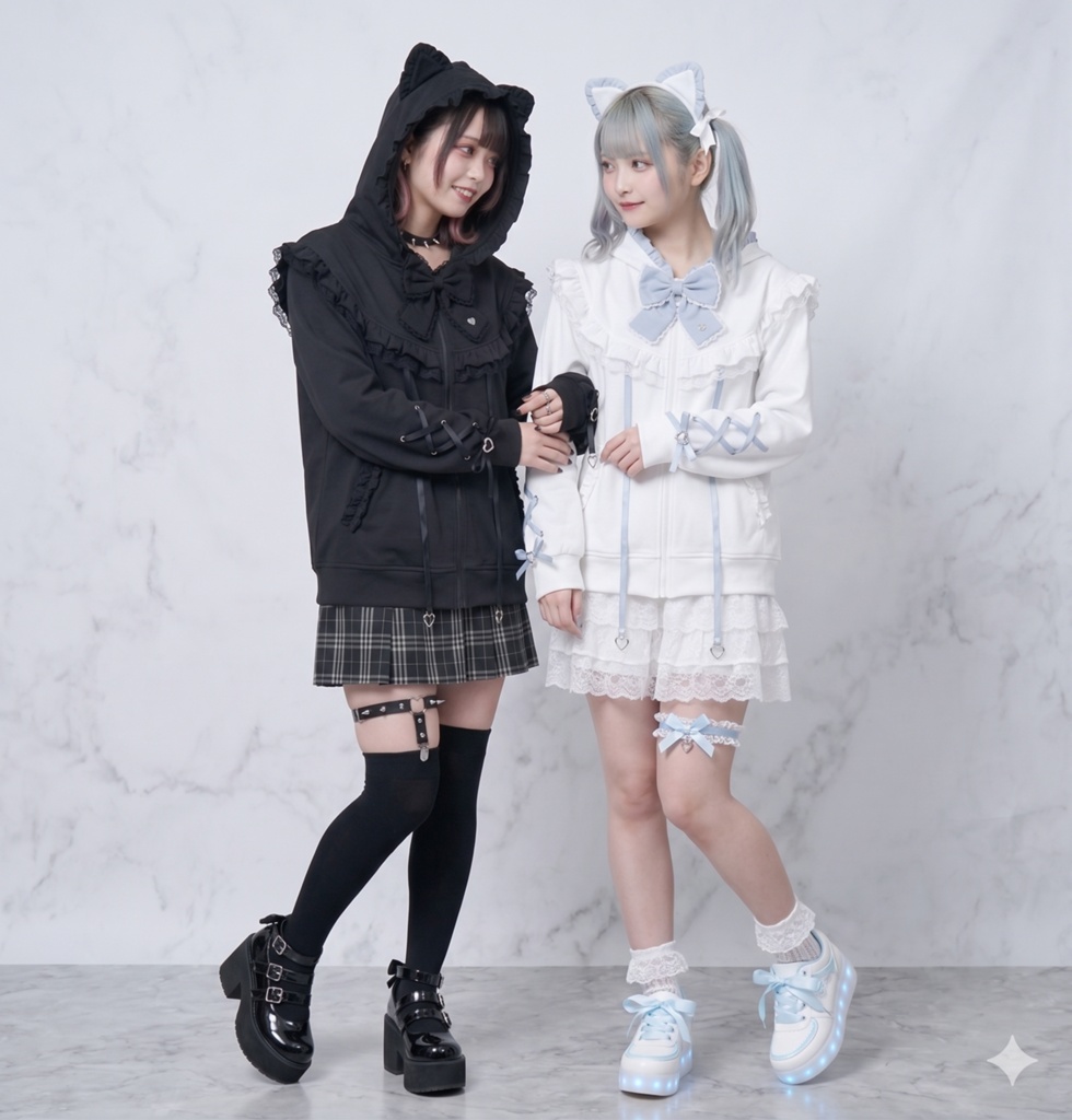 Jillpunk 天使可愛い 地雷系 天使界隈 スウィートにゃん ハートチャーム 蝶ネクタイ付き 猫耳 フリル ゆったり 長袖パーカー フード付きジャケット 美少女 猫派 オリジナル おしゃれ ファッション 水色系