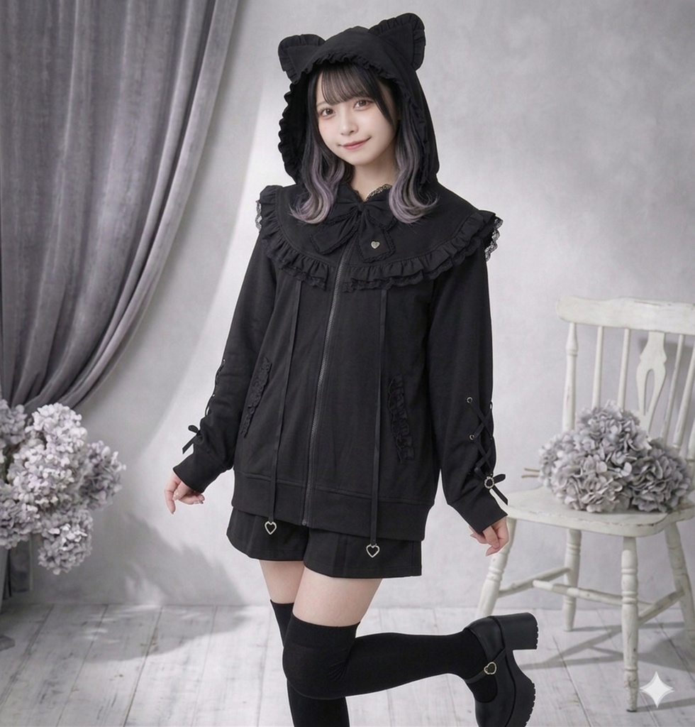 Jillpunk 天使可愛い 地雷系 天使界隈 スウィートにゃん ハートチャーム 蝶ネクタイ付き 猫耳 フリル ゆったり 長袖パーカー フード付きジャケット 美少女 猫派 オリジナル おしゃれ ファッション 水色系