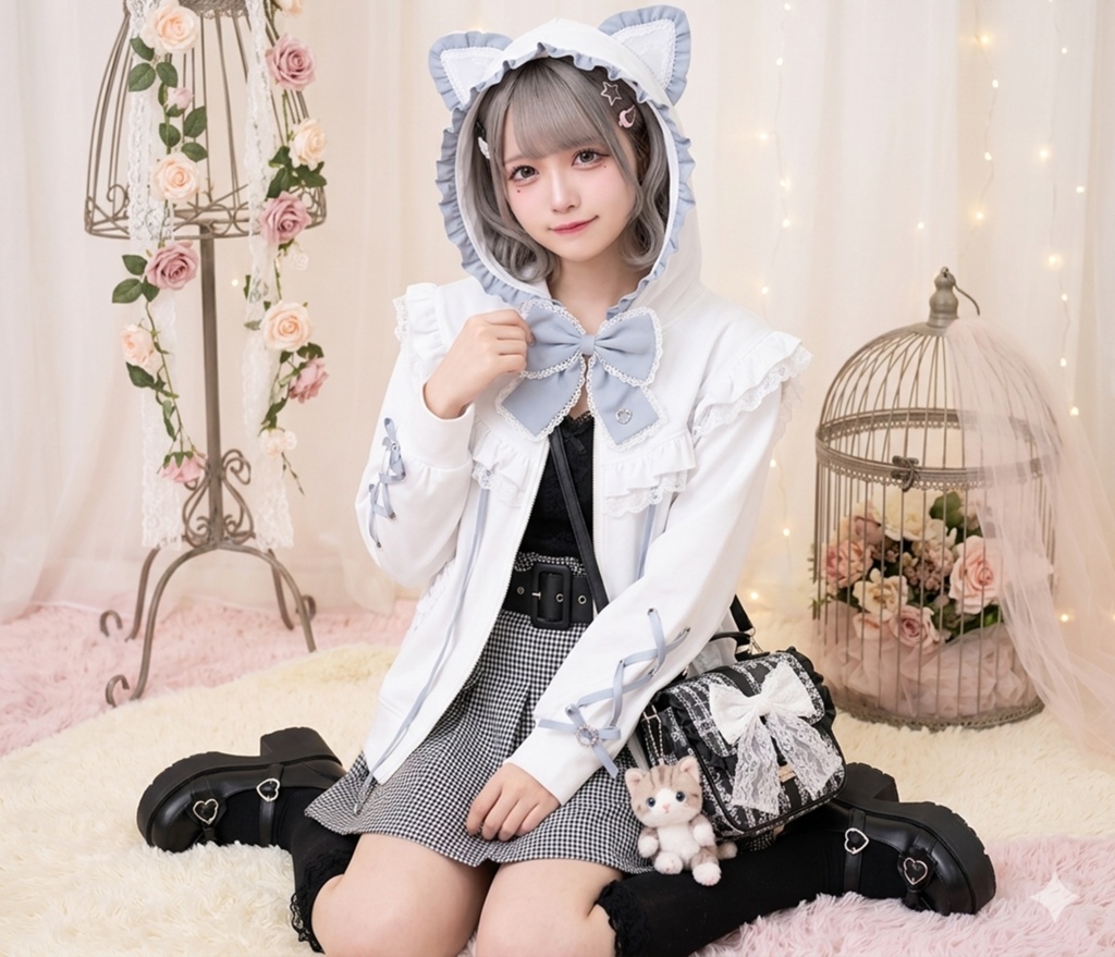 Jillpunk 天使可愛い 地雷系 天使界隈 スウィートにゃん ハートチャーム 蝶ネクタイ付き 猫耳 フリル ゆったり 長袖パーカー フード付きジャケット 美少女 猫派 オリジナル おしゃれ ファッション 水色系