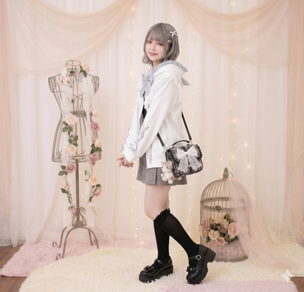 Jillpunk 天使可愛い 地雷系 天使界隈 スウィートにゃん ハートチャーム 蝶ネクタイ付き 猫耳 フリル ゆったり 長袖パーカー フード付きジャケット 美少女 猫派 オリジナル おしゃれ ファッション 水色系