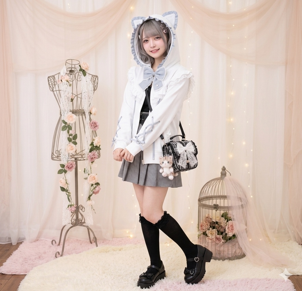 Jillpunk 天使可愛い 地雷系 天使界隈 スウィートにゃん ハートチャーム 蝶ネクタイ付き 猫耳 フリル ゆったり 長袖パーカー フード付きジャケット 美少女 猫派 オリジナル おしゃれ ファッション 水色系