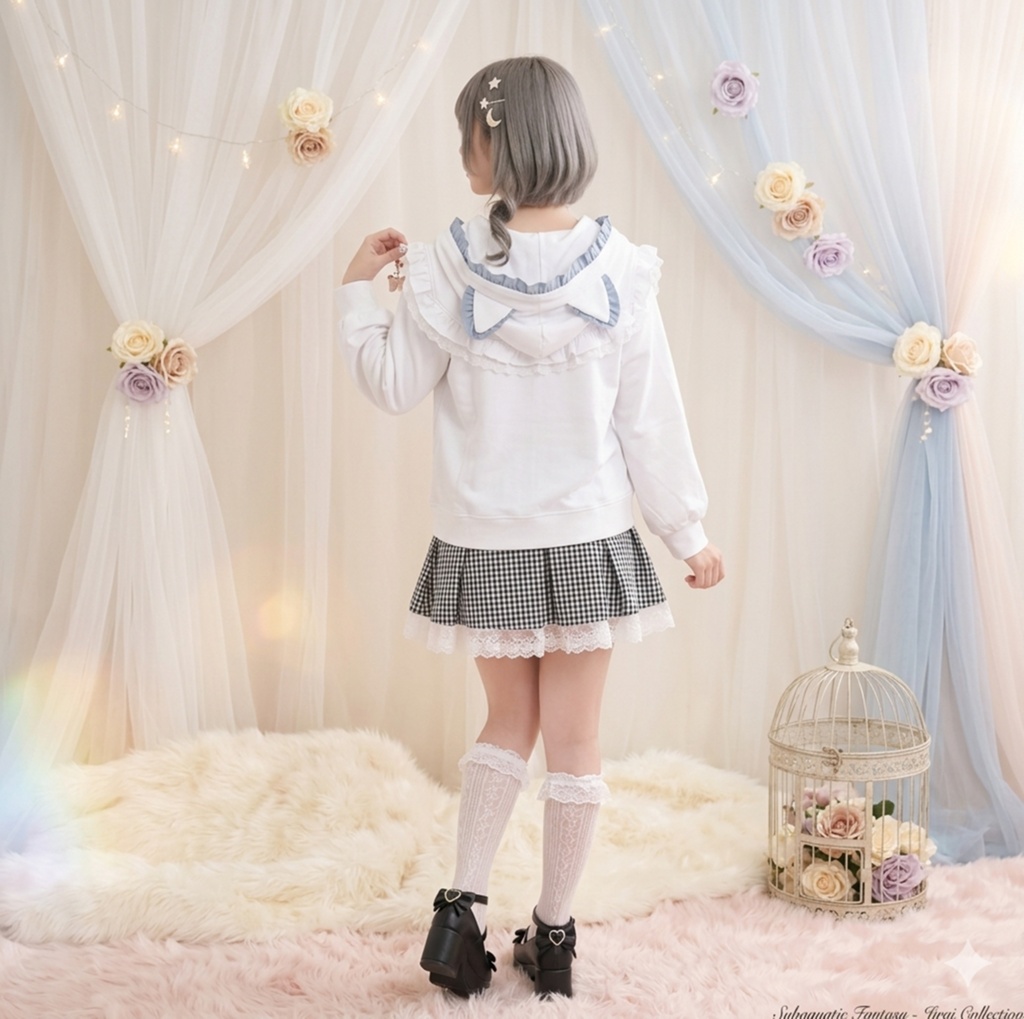 Jillpunk 天使可愛い 地雷系 天使界隈 スウィートにゃん ハートチャーム 蝶ネクタイ付き 猫耳 フリル ゆったり 長袖パーカー フード付きジャケット 美少女 猫派 オリジナル おしゃれ ファッション 水色系