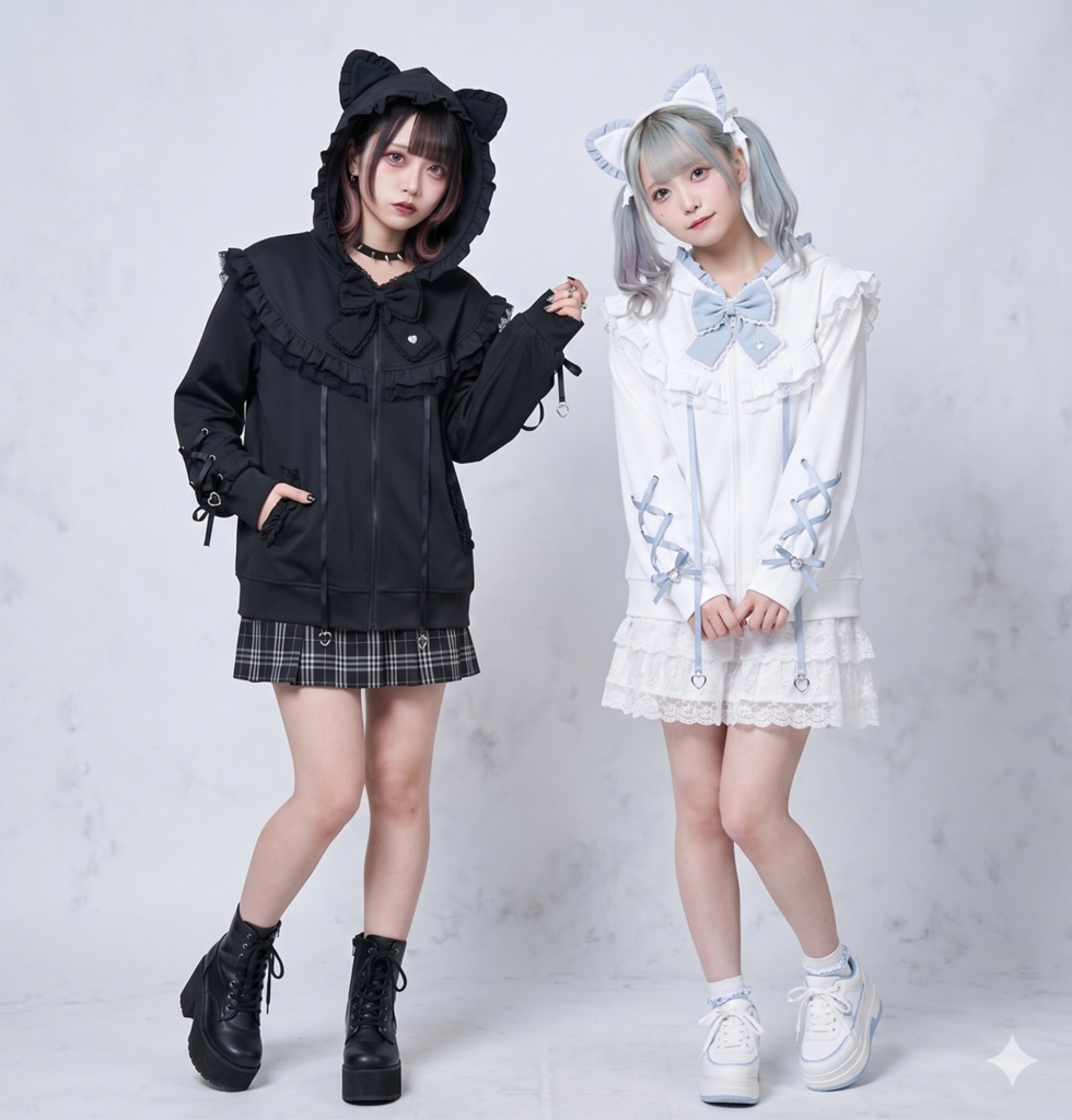 Jillpunk 天使可愛い 地雷系 天使界隈 スウィートにゃん ハートチャーム 蝶ネクタイ付き 猫耳 フリル ゆったり 長袖パーカー フード付きジャケット 美少女 猫派 オリジナル おしゃれ ファッション 水色系
