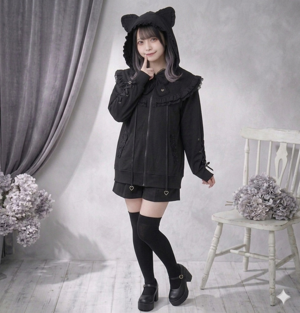 Jillpunk 天使可愛い 地雷系 天使界隈 スウィートにゃん ハートチャーム 蝶ネクタイ付き 猫耳 フリル ゆったり 長袖パーカー フード付きジャケット 美少女 猫派 オリジナル おしゃれ ファッション 水色系