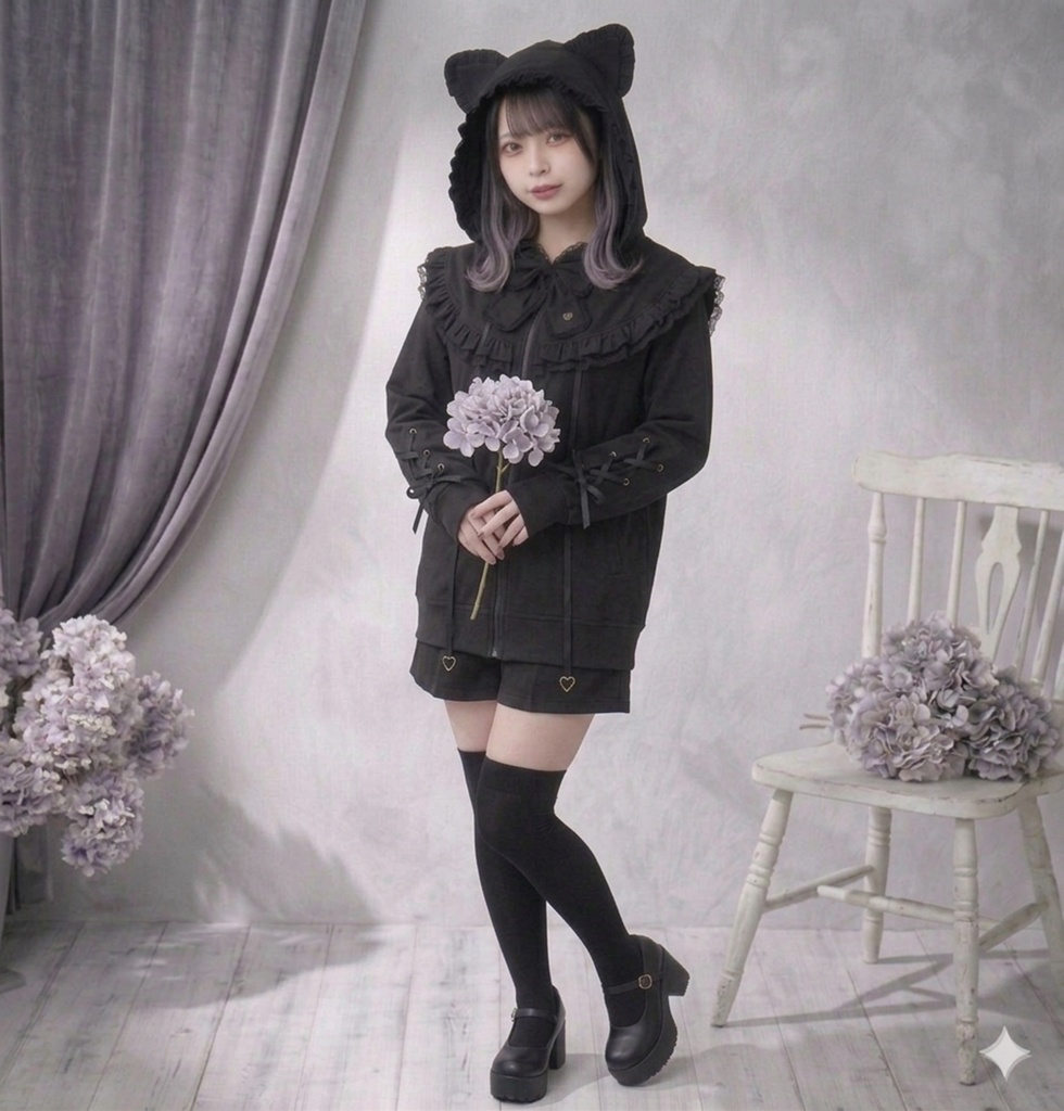 Jillpunk 天使可愛い 地雷系 天使界隈 スウィートにゃん ハートチャーム 蝶ネクタイ付き 猫耳 フリル ゆったり 長袖パーカー フード付きジャケット 美少女 猫派 オリジナル おしゃれ ファッション 水色系