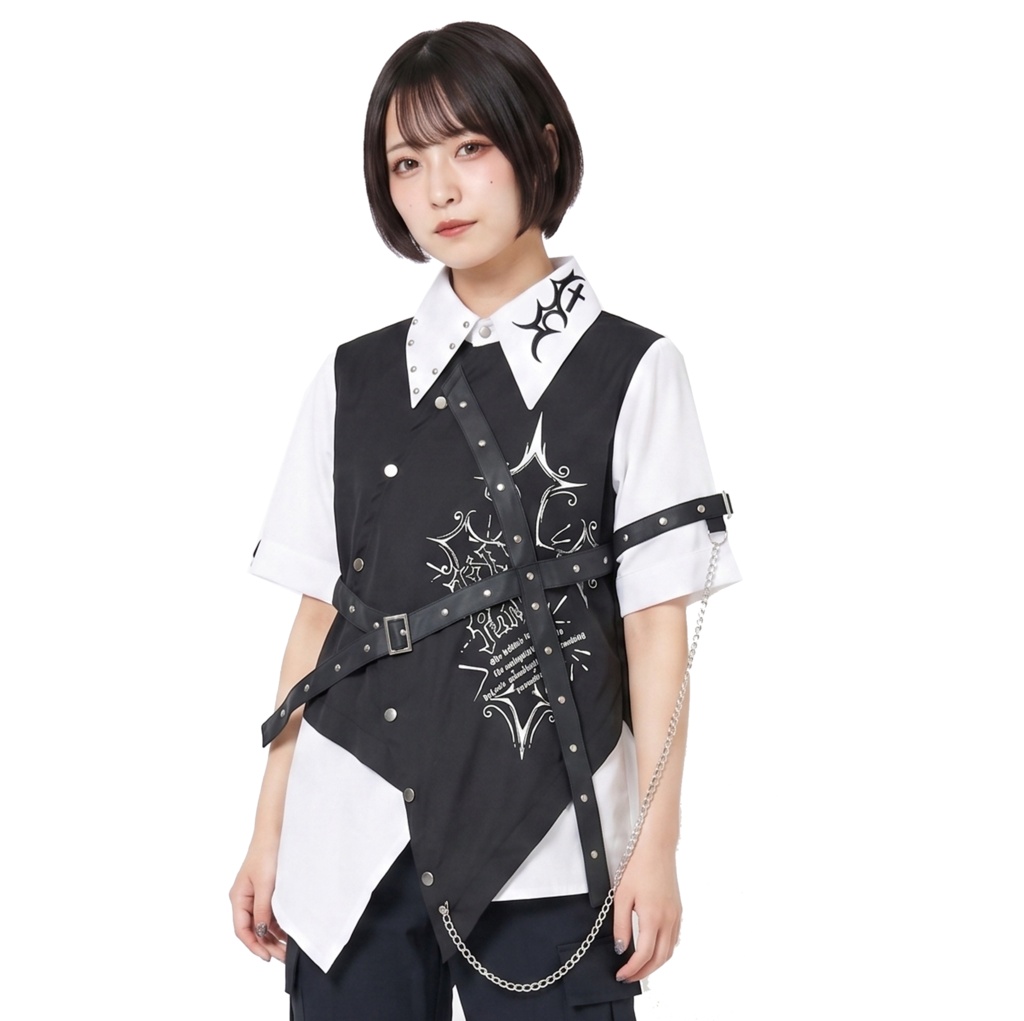 Jillpunk パンク NANA系 V系 ロック ヘヴィメタル バンギャ 黒誓の騎士 重ね着風 鎖チェーン付き 刺繡入り フェイクベスト アシンメトリー 半袖 マニッシュ ドレスシャツ メンズ レディーズ おしゃれ男女兼用