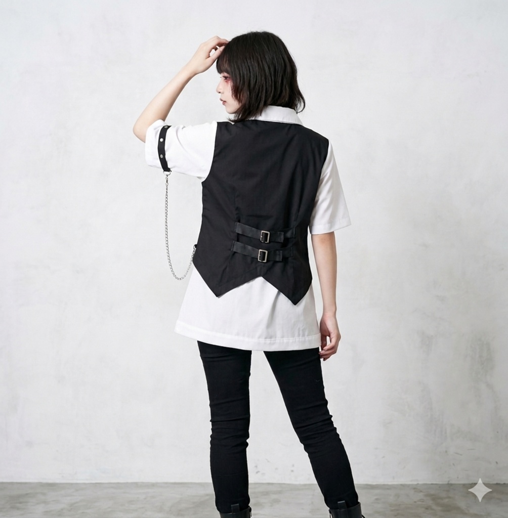 Jillpunk パンク NANA系 V系 ロック ヘヴィメタル バンギャ 黒誓の騎士 重ね着風 鎖チェーン付き 刺繡入り フェイクベスト アシンメトリー 半袖 マニッシュ ドレスシャツ メンズ レディーズ おしゃれ男女兼用